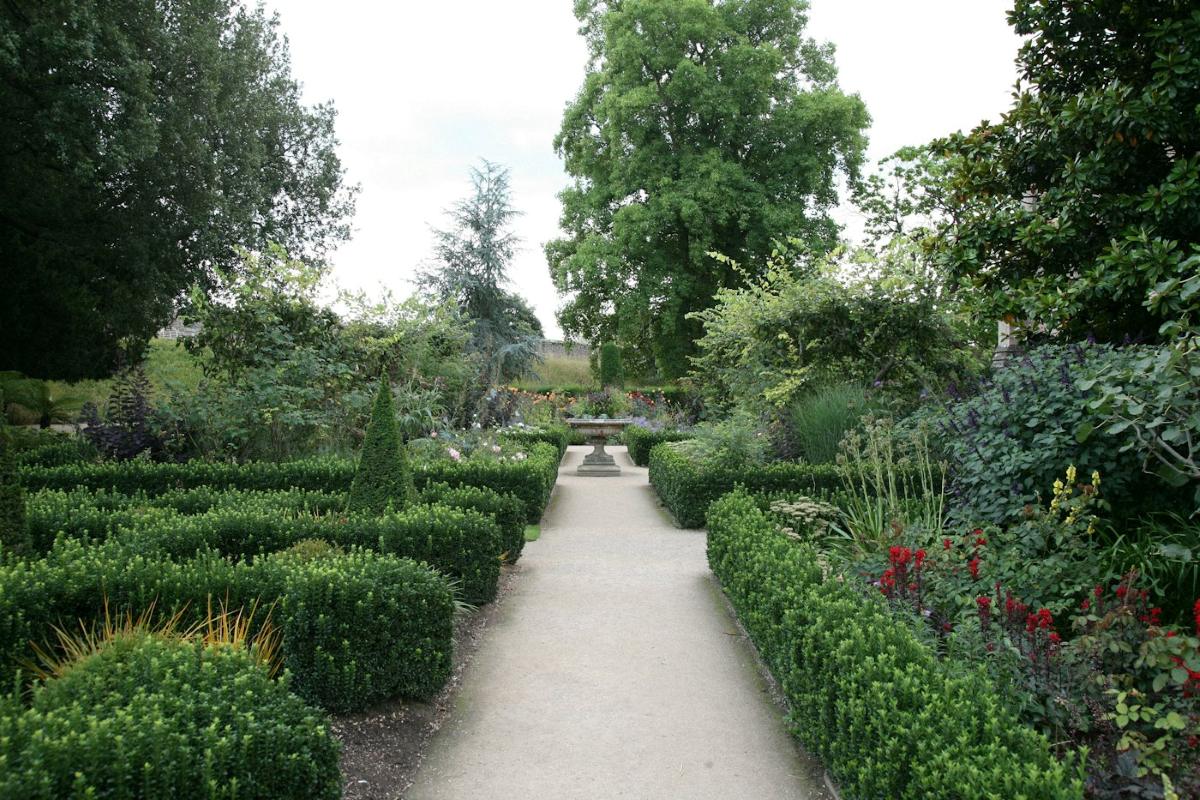 Formgeschnittene Hecken entlang eines Gartenwegs