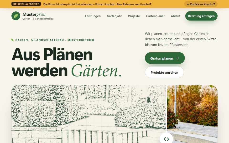 Startseite der Beispiel-Webseite von Mustergrün Garten- und Landschaftsbau