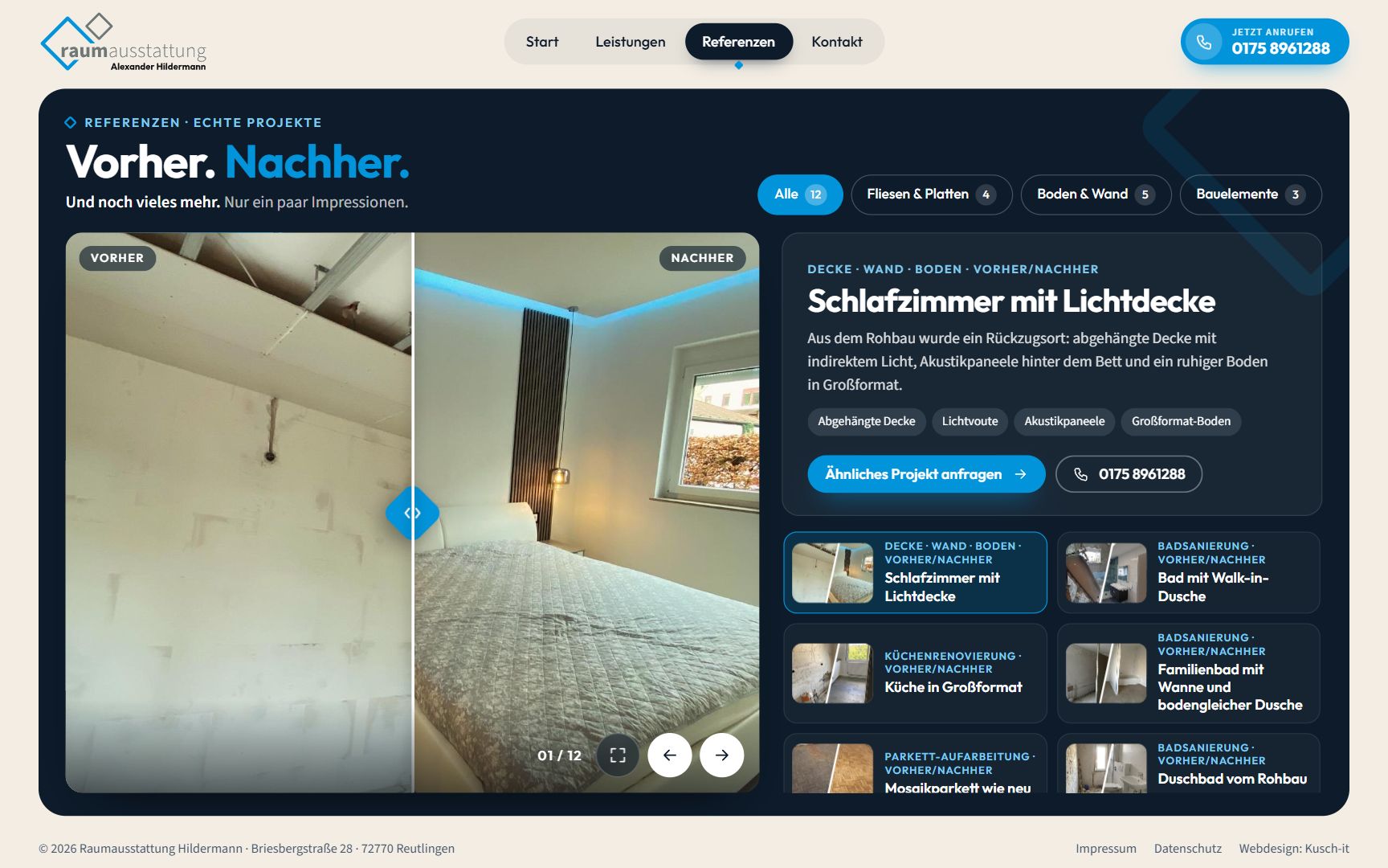 Vorher-Nachher-Galerie auf der Website von Raumausstattung Hildermann