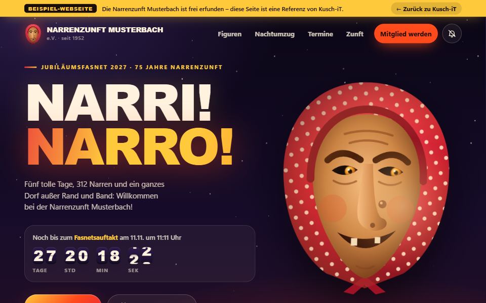 Startseite der Beispiel-Webseite der Narrenzunft Musterbach